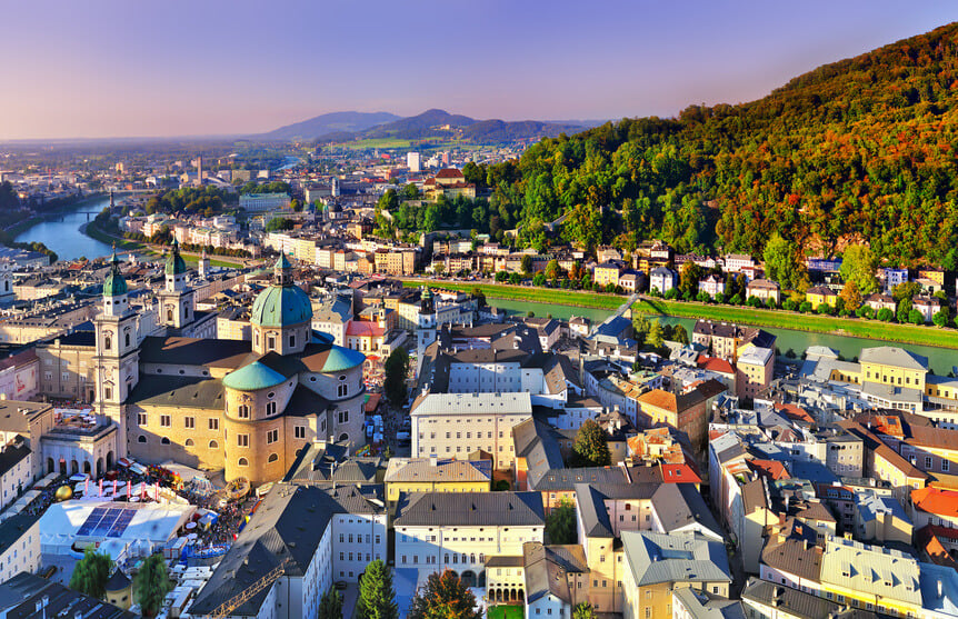 The Aerial view of the historic city of Salzburg, Salzburger Land in Austria